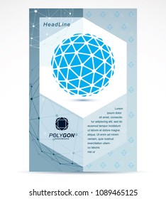 Communication technologies business corporative flyer template. Graphic vector illustration. Tech abstract blue shape, polygonal figure.