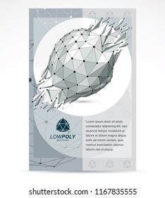 Communication technologies business corporative flyer template. Graphic vector illustration. Abstract 3d polygonal grayscale wireframe shattered object, geometric low poly design element.