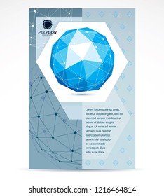 Communication technologies business corporative flyer template. Graphic vector illustration. Tech abstract blue shape, polygonal figure.