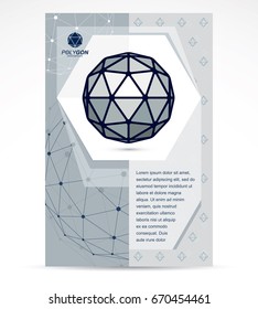 Communication technologies business corporative flyer template. Graphic vector illustration. Abstract 3d polygonal grayscale wireframe object, geometric low poly design element