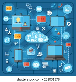 Communication technologies concept with mobile connection social network and broadcasting elements vector illustration