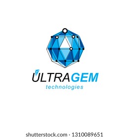 Communication technologies modern logotype. 3D polygonal geometric faceted object, vector abstract design element.