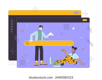 Communication technology 2D linear illustration concept. Web site diverse users searching data cartoon characters isolated on white. Internet data sources metaphor abstract flat vector outline graphic