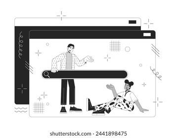 Communication technology 2D linear illustration concept. Web site diverse users searching data cartoon characters isolated on white. Internet data sources metaphor monochrome vector art