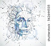 Communication technology 3d vector background made with engineering draft elements and mechanism parts, science subject. Low poly illustration of human head full of thoughts, intelligence allegory.