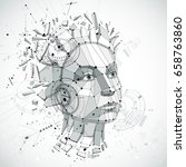 Communication technology 3d vector background made with engineering draft elements and mechanism parts, science subject. Low poly illustration of human head full of thoughts, intelligence allegory.