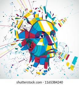 Communication technology 3d vector background made with engineering draft elements and mechanism parts, science subject. Low poly illustration of human head full of thoughts, intelligence allegory.