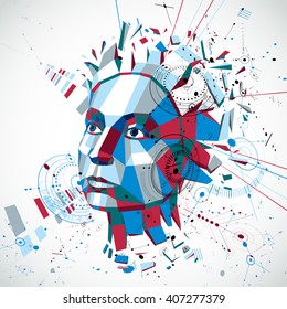 Communication technology 3d vector background made with engineering draft elements and mechanism parts, science subject. Low poly illustration of human head full of thoughts, intelligence allegory.