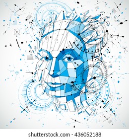 Communication technology 3d vector background made with engineering draft elements and mechanism parts, science subject. Low poly illustration of human head full of thoughts, intelligence allegory.