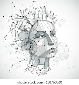 Communication technology 3d vector background made with engineering draft elements and mechanism parts, science subject. Low poly illustration of human head full of thoughts, intelligence allegory.