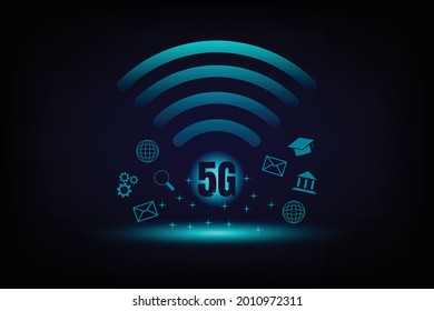 Communication and technology concept. 5G and wifi symbol and business icon on blue and dark background. Internet and network worldwide.