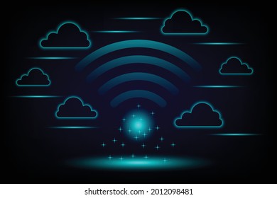 Communication and technology concept. Cloud computing and wifi symbol and business icon on blue and dark background. Internet and network worldwide.