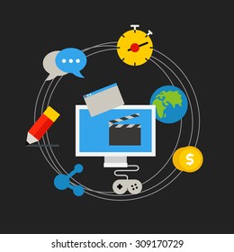 Concepto de tecnología de la comunicación. Iconos de aplicaciones de medios planos