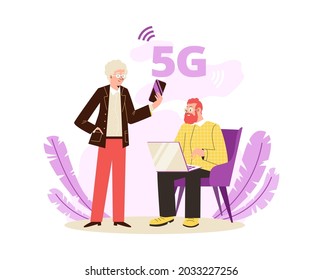 Communication technology concept with people using internet signal of 5G global network, cartoon flat vector illustration isolated on white background.