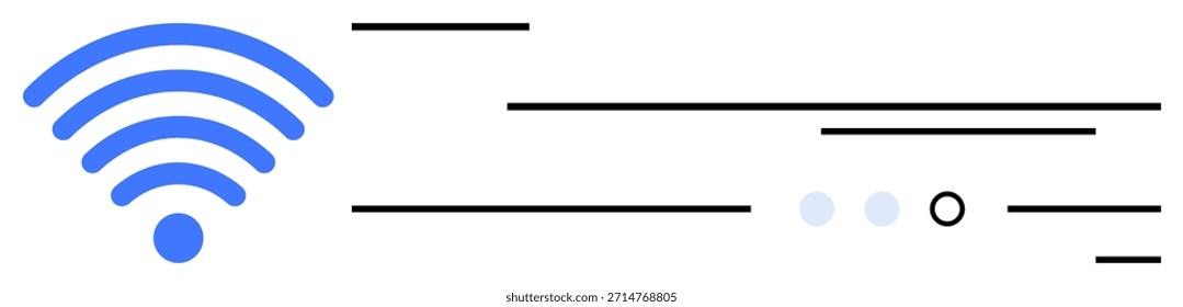 Communication, technology, connectivity, wireless networks, digital infrastructure, internet services. Blue wireless icon and horizontal lines on white. Communication and technology concept