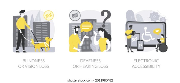 Communication technology for disabled people abstract concept vector illustration set. Blindness and vision loss, deafness, electronic device accessibility, hearing problem abstract metaphor.