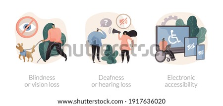 Communication technology for disabled people abstract concept vector illustration set. Blindness and vision loss, deafness, electronic device accessibility, hearing problem abstract metaphor.