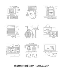 Communication technology for distance education. Set of detailed flat line icon
