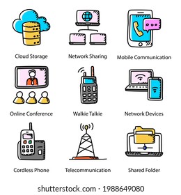 Communication Technology Doodle Flat Icons Pack 
