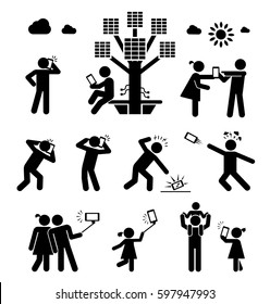 Communication technology era. Usage of cell phone in modern living. Set of pictograms representing people in various situations of using cell phone, talking, shooting photos, charging battery.