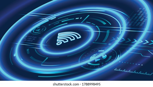 Communication Technology In Futuristic Concept, WIFI Sign Icon, Wireless And High Speed Internet With Abstract Blue Background.  