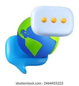 Communication technology. Global connection. 3D Earth planet. Speech bubbles. International dialog. Online conversation chat. Send mail messages. World forum. Render globe. Vector worldwide contacts