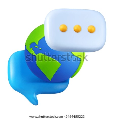 Communication technology. Global connection. 3D Earth planet. Speech bubbles. International dialog. Online conversation chat. Send mail messages. World forum. Render globe. Vector worldwide contacts