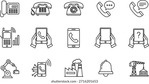 Conjunto de iconos de tecnología de comunicación, evolución del teléfono, dispositivos móviles, tableta digital, tecnología industrial, Ilustración vectorial para telecomunicaciones y automatización