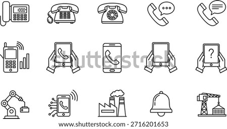 Communication technology icon set, telephone evolution, mobile devices, digital tablet, industrial tech, vector illustration for telecom and automation