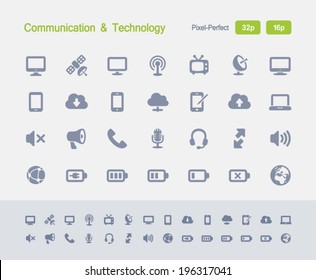 Communication & Technology Icons. Granite Icon Series. Simple glyph stile icons optimized for two sizes.