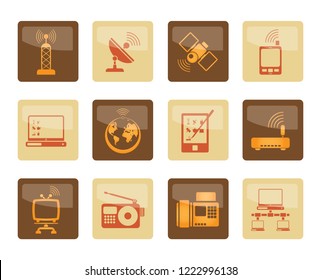 communication and technology icons over brown background - vector icon set