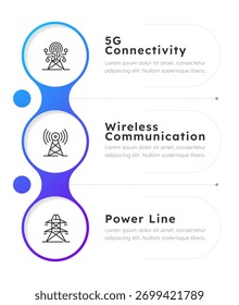 Tecnologia de comunicação infográfico azul gradiente círculos. Conectividade 5g, wireless e linhas de energia. Ícones de linha fina editáveis processo de diagrama com 3 etapas