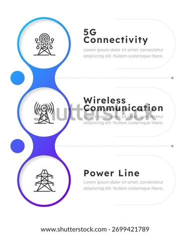 Communication technology infographic blue gradient circles. 5g connectivity, wireless and power lines. Editable thin line icons diagram process with 3 steps