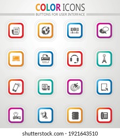 Tecnología de la comunicación e información transmisión vectores iconos de botón plano con contorno y sombra de color