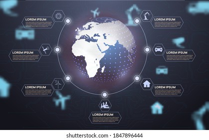 Tecnología de la comunicación para negocios de internet. Red mundial mundial y telecomunicaciones sobre la criptografía terrestre, la industria de la cadena de bloqueo y la IoT. Plantilla de banner de página web con iconos y nombre.Vector