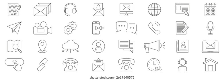 Communication And Technology Line Icon Set. Digital Communication And Networking Outline Symbol Collection. Email, Messaging, Cloud Computing. Editable Stroke. Isolated Vector Illustration.