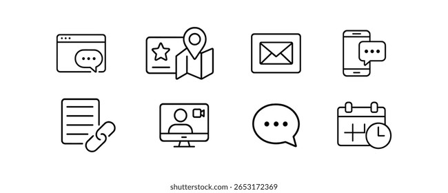 Symbolsatz für Kommunikations- und Technologielinie. Chat, E-Mail, Web, Sammlung mobiler Symbole