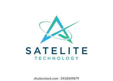 Communication technology logo, with a triangle shape, surrounded by satellite orbit line illustration.