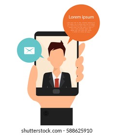Communication technology on mobile and video call. Business man talking.