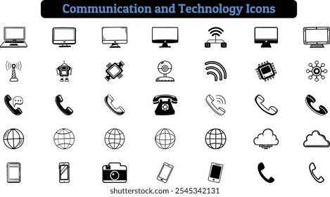 Paquete de iconos relacionados con la comunicación y la Tecnología, diseño de silueta