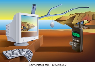 Communication technology.
Surreal landscape with computer and mobile phone on the seashore. Illustration, vector. EPS-10.