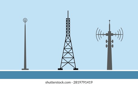 Communication technology towers and antennas representing broadcasting network infrastructure for telecommunication and radio signal concepts.