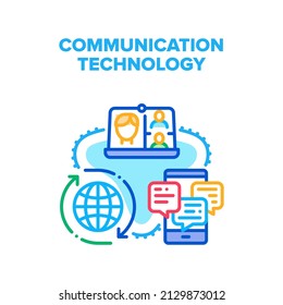 Communication Technology Vector Icon Concept. Messaging And Chatting On Smartphone, Video Calling On Laptop And Mobile Phone, Communication Technology For Worldwide Connection Color Illustration