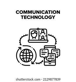 Vektor-Vektorsymbol-Konzept der Kommunikationstechnologie. Messaging und Chat auf Smartphone, Videoanruf auf Laptop und Mobiltelefon, Kommunikationstechnologie für weltweite Anbindung, Schwarze Illustration
