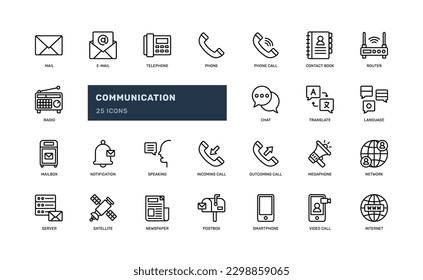 communication and telecommunication connection network contact phone detailed outline line icon set