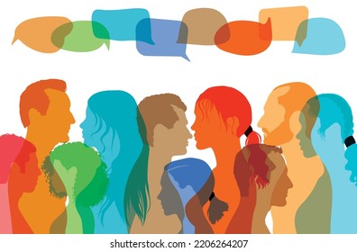 Communication text around them. Vector cartoon people in profile with speech bubbles talking and communicating on social networks.