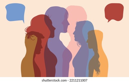Communication text around them. Vector cartoon people in profile with speech bubbles talking and communicating on social networks.