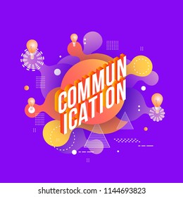 Communication text design and light bulbs in isometric projection on bright abstract background with geometric shapes and textures in violet and orange gradient colors in vector illustration.