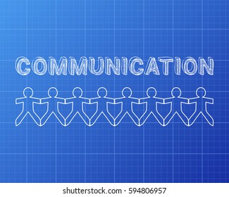 Communication text hand drawn with paper people on blueprint background
