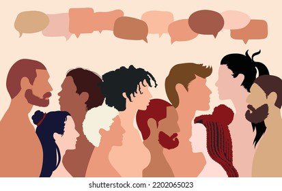 Communication text. Speech bubble. People conversing and sharing ideas on social networks. Vector cartoon multiethnic people talking in a profile.